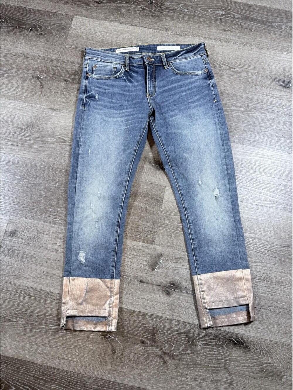 Pilcro Anthropologie Cropped Slim Boyfriend Jeans Gold  Cuff Contrast Hem 28
